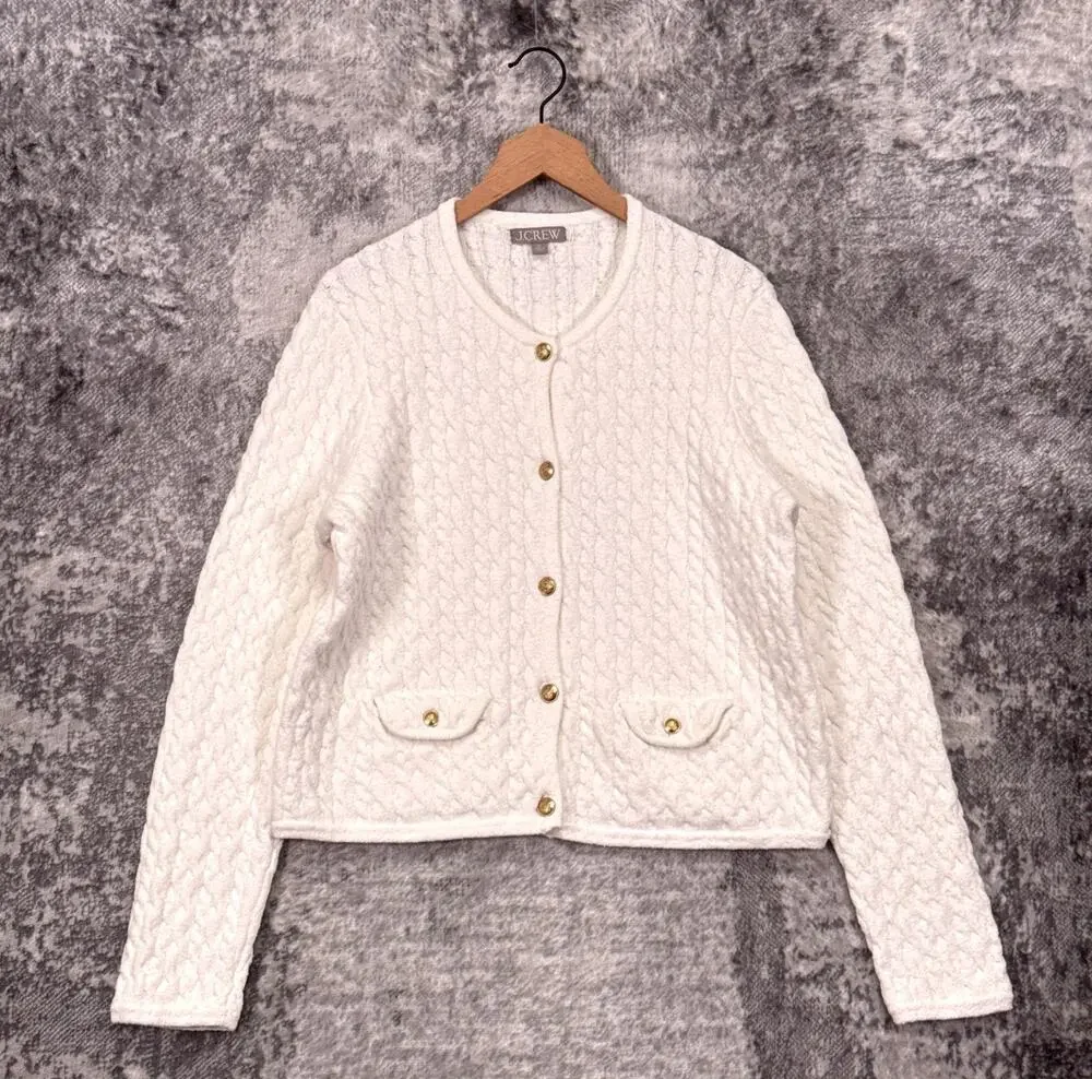 J Crew Odette Lady Jacket Cardigan Sweater XL Womens White Cable Knit